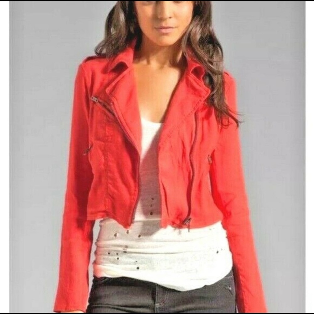 Free People Lovely In Linen Cropped Moto Jacket 4 Red-Coral Zippers